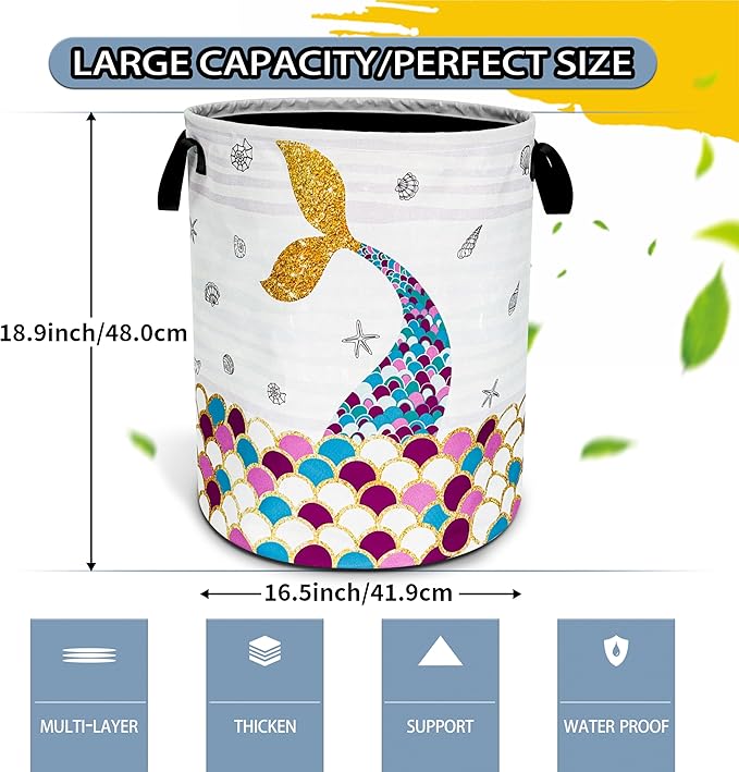 Mermaid Scales Tail Laundry Basket Foldable Oxford Cloth Funny Tote Bag Laundry Hamper Clothes Storage Bucket Toy Organizer For Bathroom/Laundry Storage/Bedroom 18.9x16.5 Inch