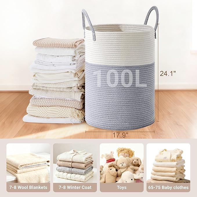 Tall Laundry Basket with Handles, 100L Portable Dirty Clothes Hamper, Boho Cotton Rope Storage Bin for Blankets Kids Toys Gifts, Extra Large Organizer for Baby Nursery Bedroom Bathroom, Grey