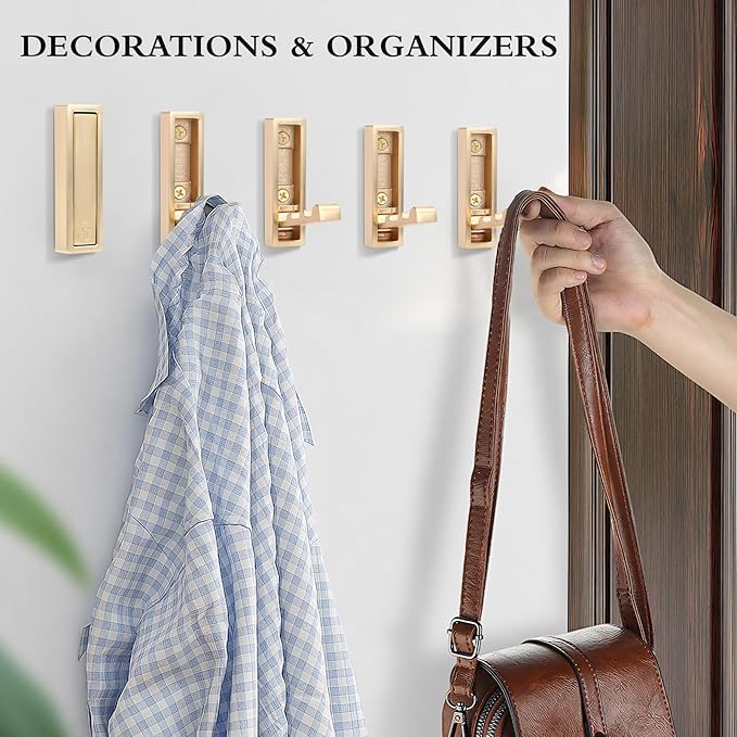 5PCS Heavy Duty Gold Folding Coat Hooks - Zinc Alloy Wall Hooks for Coats, Scarves & Bags - Rustproof, Space-Saving Design for Bathroom, Entryway & Closet - Easy Install with Screws (Gold)