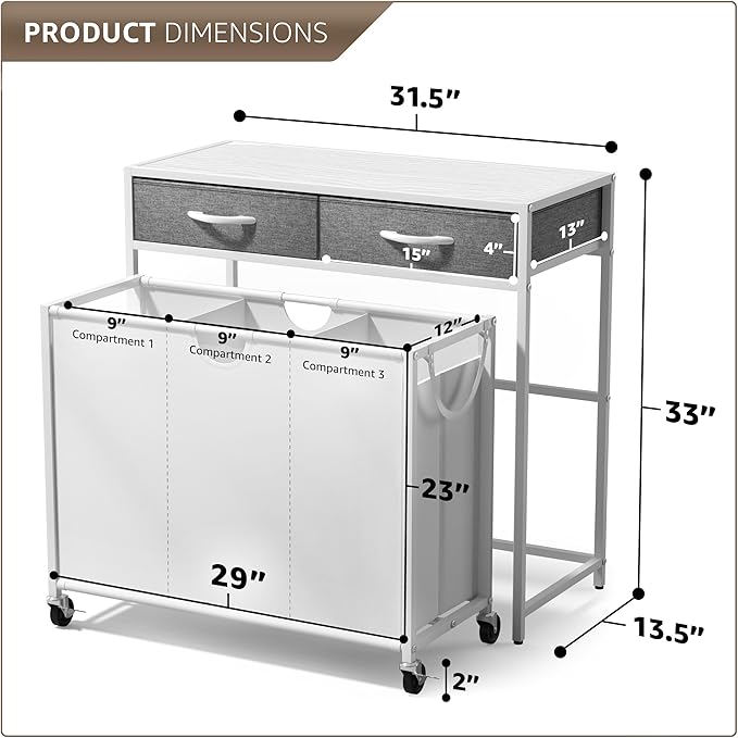 Sorbus 3 Section Laundry Hamper with Shelf and 2 Drawers for Laundry Room Organization, Laundry Basket with Wheels, Rolling Laundry Hamper, Laundry Sorter for Optimal Storage and Organization (White)