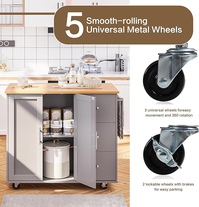 SUNLEI Kitchen Island on Wheels with Storage Cabinet & Foldable Drop Leaf, Rolling Kitchen Table, Cart Handle for Towel Rack, Drop Leaf, Portable Islands for Kitchen (Cement Gray, 39.7-INCH)