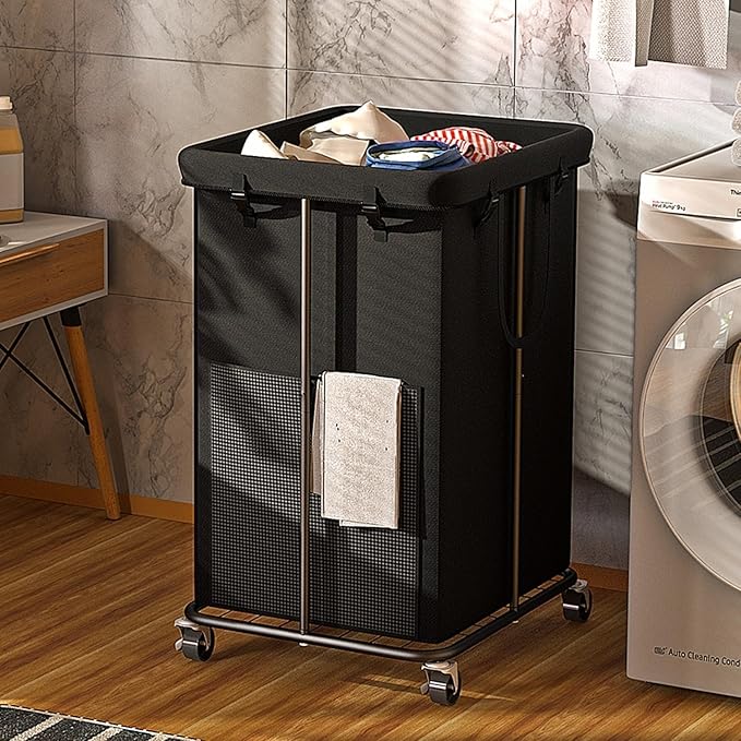 150L Large Laundry Hampers Basket with Removable Washing Bag, Oxford Fabric Laundry Hamper Clothes Hampers, Metal Frame Design with Wheels, Suitable for Bedroom, Laundry Room (Black with Bag)