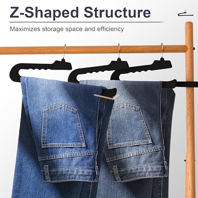 Velvet Pants Hangers - 32 Pack Black Non Slip Open Ended Hanger with 360 Swivel Hook - Closet Space Saving Hanger for Heavy Pants, Jeans, Trousers, Scarf