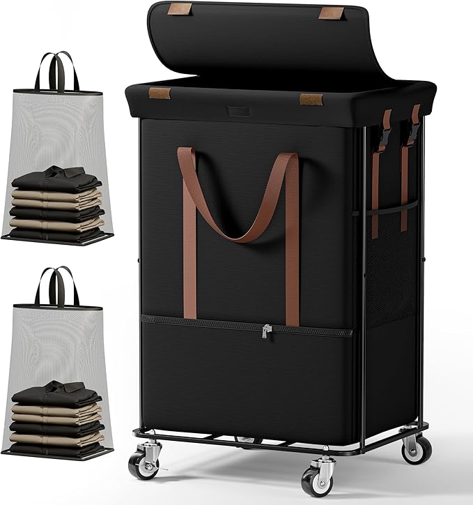 150L Rolling Laundry Basket with Wheels, Double Laundry Hamper with Lid and 2 Removable Bags, 2 Section Large Dirty Clothes Hamper for Laundry Room Bedroom Bathroom Dorm 19.7"Wx15.7"Dx31.9"H, Black