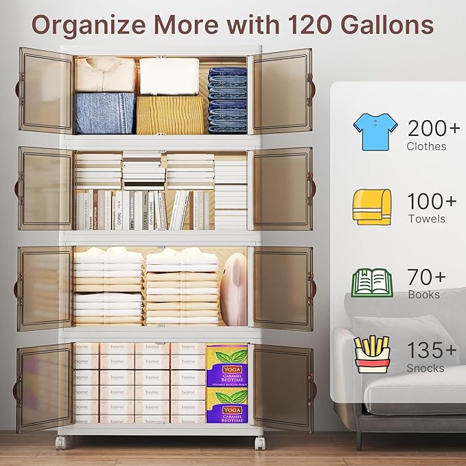 Extra Large Stackable Storage Bins, Lockable Storage Bins with Lids, Folding Storage box with Doors and Wheels, Collapsible Plastic Drawers for Home, Garage, Office (4, White, Large)