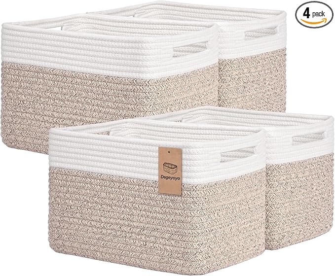 Storage Baskets for Organizing, 4 Pack Baskets for Shelves, Decorative Storage Bins for Shelves, Cotton Rope Storage Basket with Handles, Woven Basket for Storage, 13''Lx8.7''Wx7.9''H, White & Brown