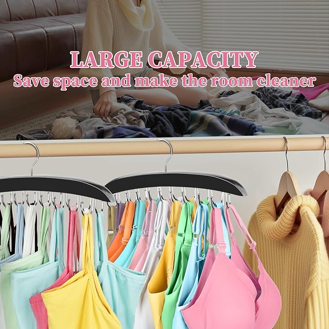 2 Pack Bra Organizer for Closet, 360° Rotating Bra Hanger Space Saving w/20 Foldable Metal Hooks, Tank Top Hanger Closet Organizers and Storage for Camisoles/Tank Tops/Bras/Belts/Scarves Black
