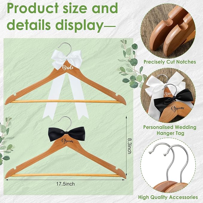 2 Pack Bride and Groom Wedding Hanger Set with Ribbon Bow Wooden Dress Suit Hanger Gift for Wedding Bridal Party Photo Decor(Wood Color,Classic)