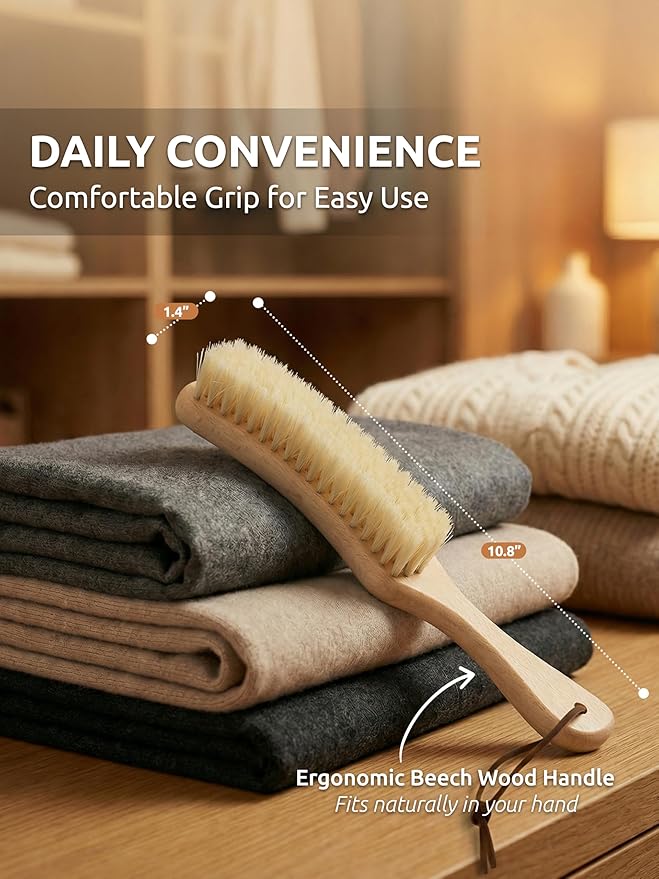 TAKAVU Clothes Brush Hat Brush, White Boar Bristle Lint Brush with Large Beech Wood Handle - Perfect for Pet Hair, Suits, Velvet, Cashmere, Wool, Suede, Shoe - Effective Lint Remover