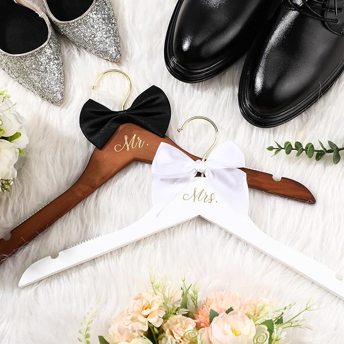 2 Pcs Bride Hanger for Wedding Dress Bride and Groom Wooden Wedding Dress Hanger Set with Bow Tie for Tuxedo Suit Gift Bridal Party Shower