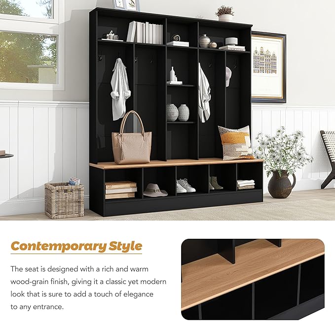 Modern Hall Tree with Storage Bench, Minimalist Shoe Cabinet with Cube Storage & Shelves, Multifunctional Coat Rack with 8 Hooks for Entryways Mudroom Hallway (Black + Particle Board-Q13)