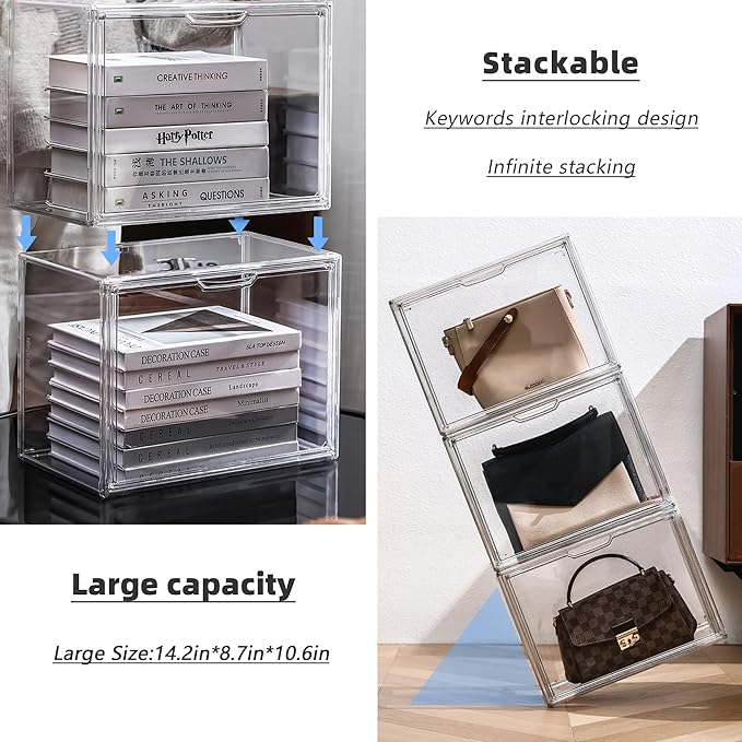 Acrylic Box Display Case, Clear Plastic Stackable Storage Bins with Magnetic Attraction Lid, Showcase for Cosmetic, Large Figures Collectibles (5 Pack, X-Large)