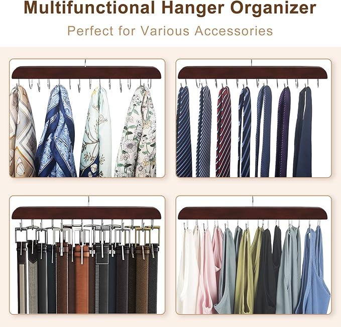 Belt Hanger for Closet, Sturdy Wood Belt Rack Closet Accessories with 14 Hooks Belt Organizer for Closet Organizers and Storage Max 42 Belts-Mahogany 1 Pack