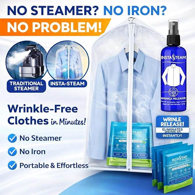Electricity-Free Portable Travel Steamer For Clothes, Cruise & TSA Compliant, Kit including 3 Wrinkle Release Pods, Wrinkle Release Spray & Garment Bag, Mini Steamer, Eco-Friendly
