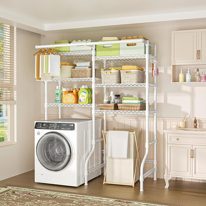Ulif U13 Medium Over Washer and Dryer Storage Shelves, 6 Tiers Laundry Room Standing Shelf with 2 Hanger Rods, Space Saver Clothes Drying Rack, 57.8" W x 22" D x 77.4" H, White