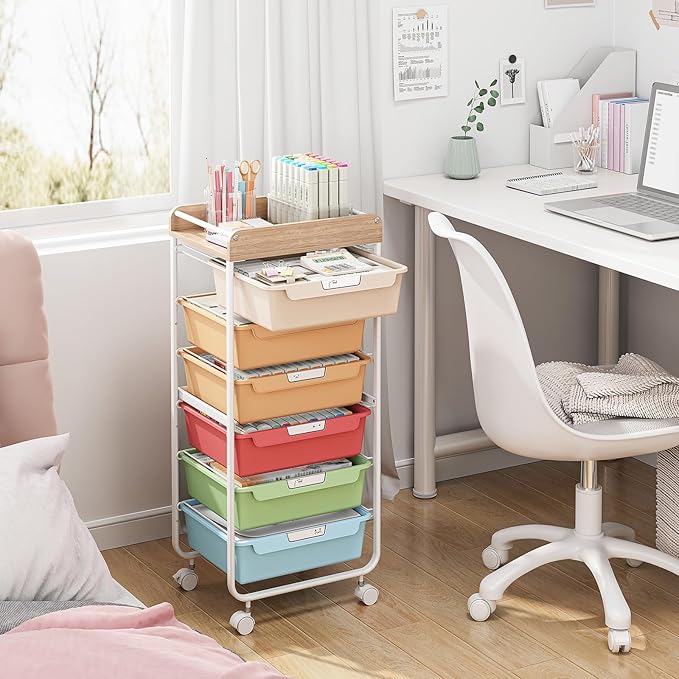 APEXCHASER 6-Drawer Plastic Organizers on Wheels,Rolling Storage Cart with Wooden Top, Mobile Drawer Unit for Classroom, Crafts, Art Supplies, and Home Organization,Rainbow