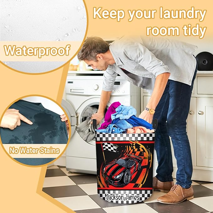 Personalized Car Racing Laundry Basket, Custom Laundry Hamper With Name Gifts For Kids Baby Adults, Collapsible Dirty Clothes Storage Organizer With Handles S 16.5 X 13.8in