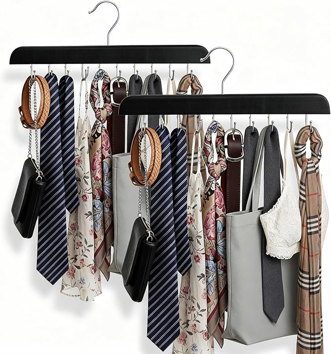 Bra Hanger for Closet Organizer, Wooden Tank Top Hangers with 20 Foldable Hooks, 360° Rotating Design, Space Saving Storage for Tank Tops, Bras, Scarves, Belts, Ties etc (2, Black)