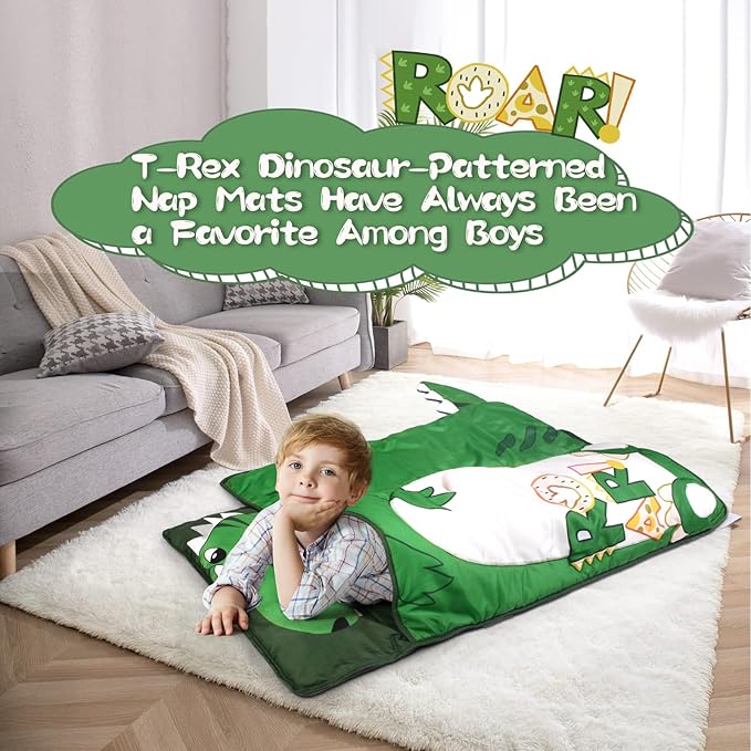 Dinosaur Toddler Nap Mat with Removable Pillow and Blanket Kids Sleeping Bag with Pillow Reinforced Stitching Machine-Washable, Soft Nap Mats for Daycare, Travel, Camping 53"x21"