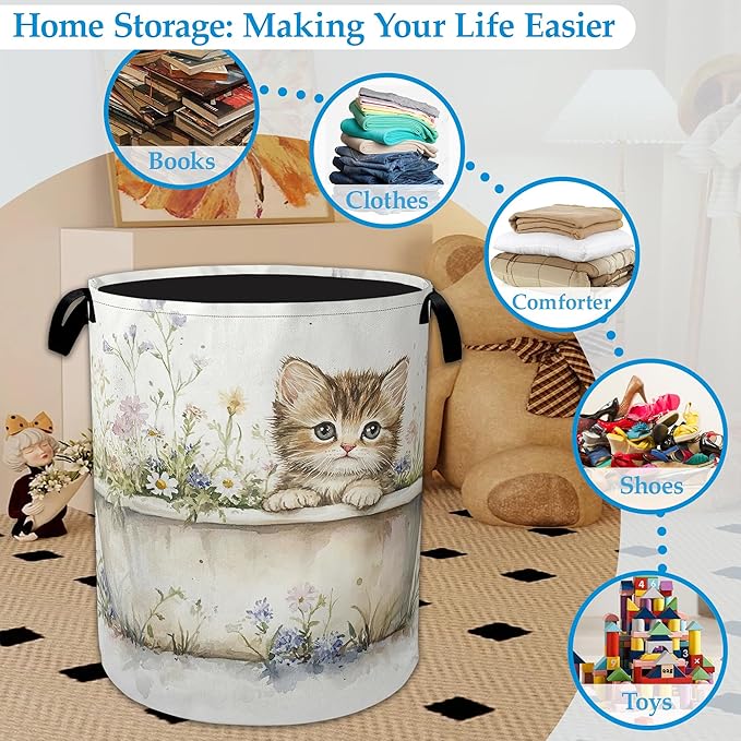 Cute Cat Laundry Hamper Bathtub Flowers Laundry Basket Collapsible Portable Clothes Toy Storage Bin for Bathroom Bedroom Room Decor 16 X 20.8 Inch