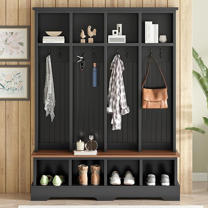 Farmhouse 59" Wide Hall Tree with 8 Hanging Hooks, Wood Grain Bench with Open Compartments, 76.7" H Entryway Shoe Rack Coat Hanger for Living Room Mudroom Hallway (Black-8.26)