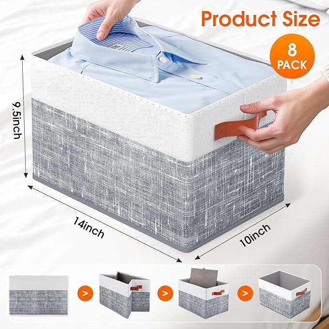 Fab totes Collapsible Storage Baskets for Shelves,14"x10", 8 Pack Foldable Fabric Storage Bins with Double Leather Handles, Large Baskets for Organizing Books, Clothes, White & Grey