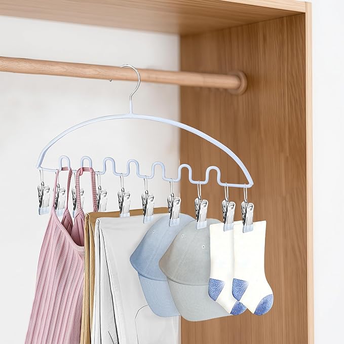 Legging Organizer for Closet,Metal Wave Design Pants Hanger with 10 Clips 7 Hooks, Closet Storage for Pants, Skirts, Hats (Blue, 2Pack)