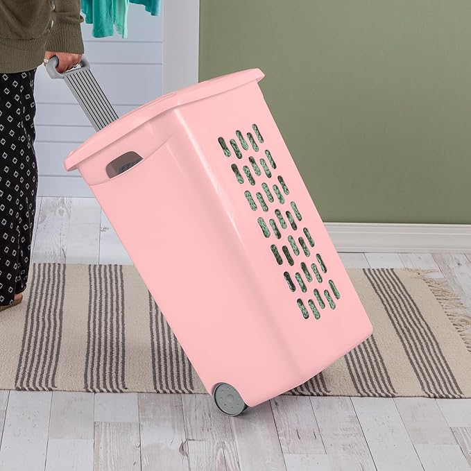Sterilite 3 Pack Ultra Wheeled Hamper, Plastic Laundry Basket Clothes Bin with Wheels, Flip Top Lid and Retractable Handle, Pink Frost