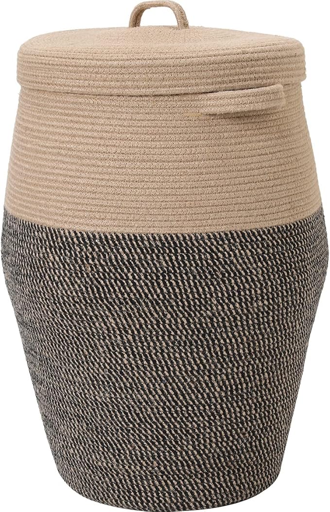 26"x20" Handcrafted Tall Cotton Rope Basket with Lid, Stylish Flagon Shape with Cover, Clothes Hamper with Top, for Bedroom and Living Room, Jute/Black Mix