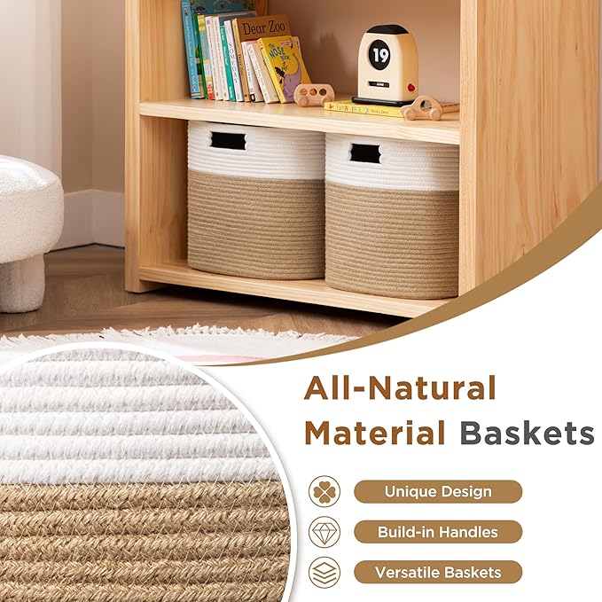 UBBCARE Set of 4 Storage Basket-13 X 13 X 13 in, Cotton Rope Basket for Shelves, Toys, Book, Cube Storage Bins with Handles, Woven Storage Basket for Organizing, White & Jute