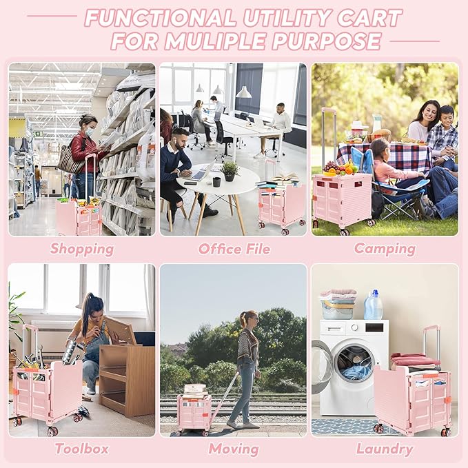 FELICON SELORSS Folding Utility Cart Rolling Crate Tote Basket Box Storage Handcart on 4 Swivel Wheels with Adjustable Handle Extended Magnetic Lid for Teacher Move Shop Travel Grocery Office(Pink)