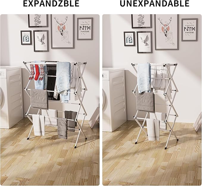 3 Tier Clothes Drying Rack, Foldable Drying Rack Clothing,Indoor & Outdoor Laundry Rack for Drying Clothes,Space-Saving Design, Metal Collapsible Dryer Racks for Laundry-White+Black