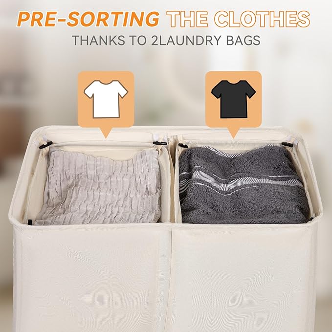Chrislley 160L Laundry Hamper 2 Section, Double Laundry Basket with Lid, Large Dirty Clothes Hamper with Removable Liner Bags, Collapsible Laundry Organizer for Bedroom, Dorm,Beige