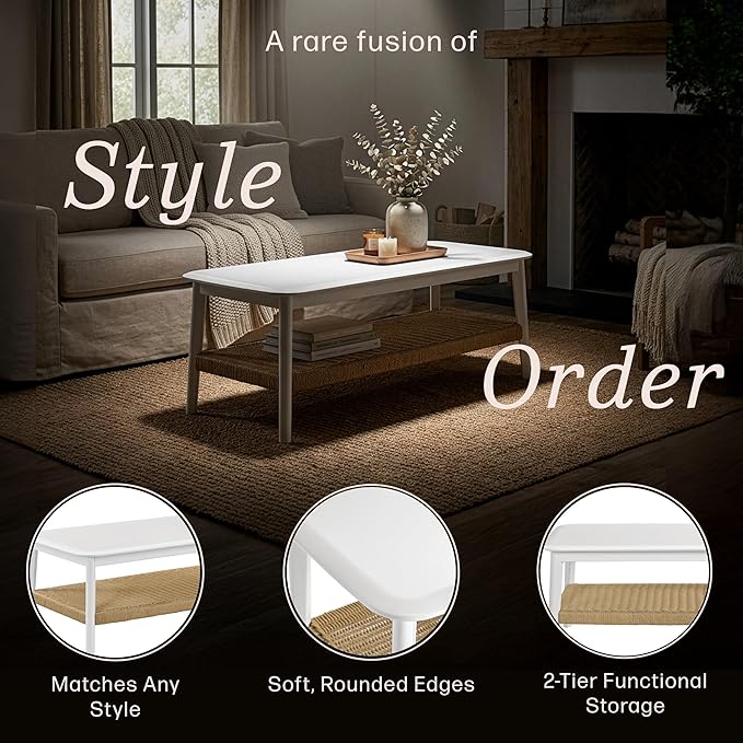 Alaterre Furniture Calais Modern Coffee Table for Living Room - 48 Inch 2-Tier Wooden Rectangular Living Room Table with Woven Storage Shelf - Mid Century Modern Furniture (White)