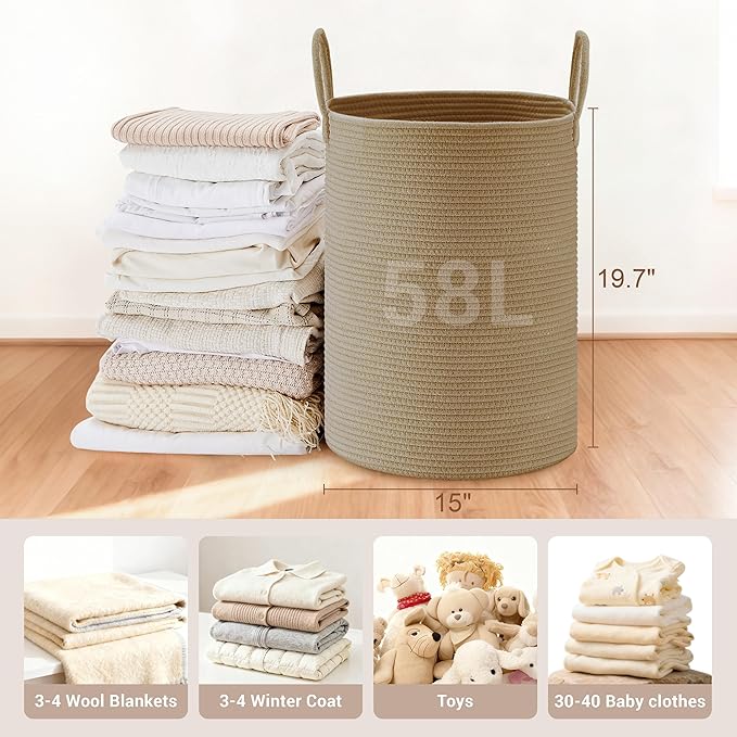 Tall Laundry Basket with Handles, 58L Portable Dirty Clothes Hamper, Boho Cotton Rope Storage Bin for Blankets Kids Toys Gifts, Decorative Organizer for Baby Nursery Bedroom Bathroom, Jute
