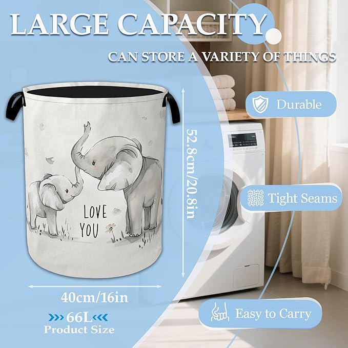 Cute White Elephant Laundry Basket Collapsible Laundry Hamper Oxford Storage Bin for Clothes Storage, Toy Organizer, Books and Sundries 16" X 20.8"