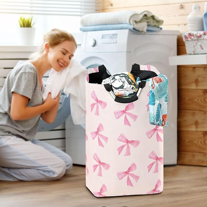 xigua Pink Bow Large Laundry Hamper with Handle, Foldable Clothes Hamper Collapsible Storage Basket for Toys and Clothes Organization in Bedroom, Bathroom, and Laundry Room