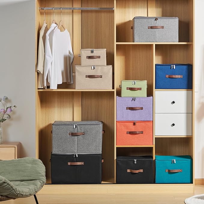 Storage Bins with Zipper Lid Cotton Linen Fabric Lidded Storage Baskets Boxes Foldable Washable Closet Shelf Clothes Organizer Container with PU Leather Handles (Orange, Large)