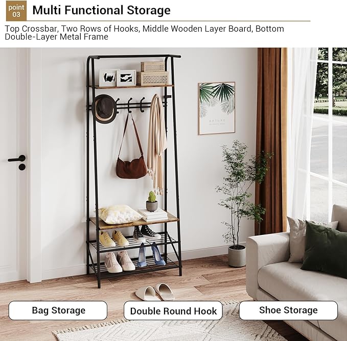 Coat Rack Shoe Bench with Single-Row 5 Hooks 60cm Width, 3-Tier Shelf Entryway Hall Tree with Storage, Metal Frame Multifunctional Organizer, 4-in-1 Coat Rack for Bathroom, Hallway.Grey.