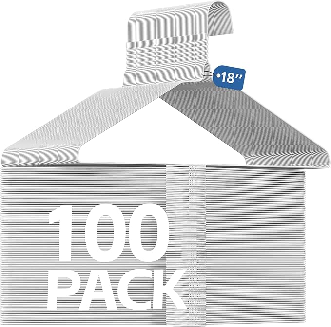 SPECILITE 18 Inch Wire Metal Clothes Hangers Bulk 100 Pack for Large Size Suits, Coats, Shirts, Pants, Skirts, Space Saving, Non Slip,12 Gauge Ultra Thin, White