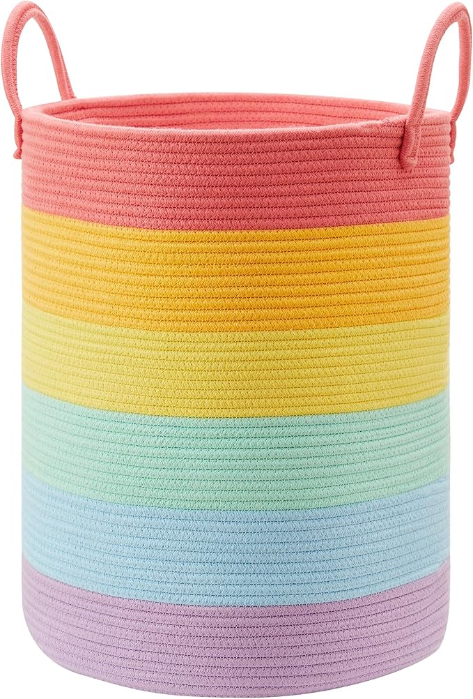 20 Inches Rainbow Baby Girls Kids Hamper Laundry Basket for Nursery Toddler Clothes Blanket Toy Storage Woven Rope Unicorn Hamper in Playroom Bedroom 60L Large