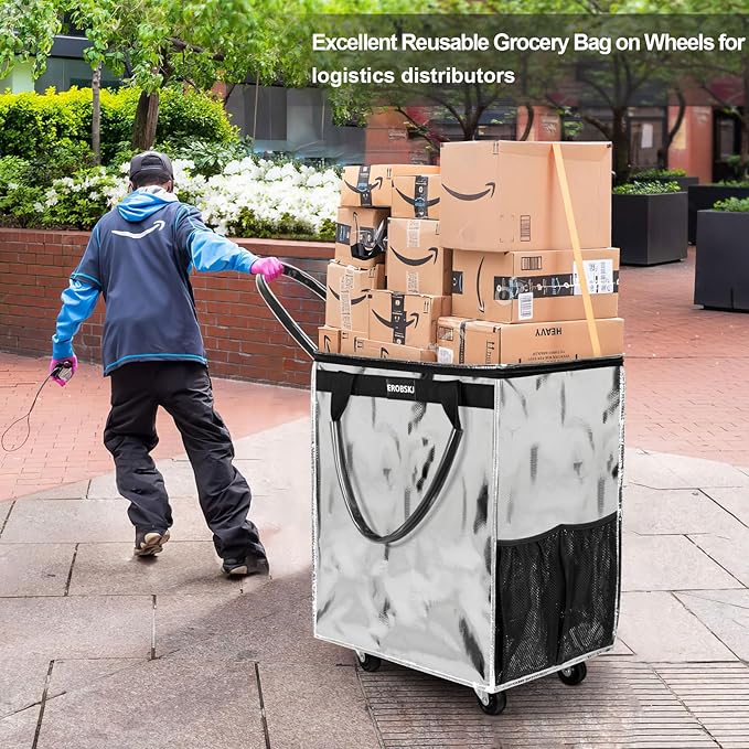 (Medium,Silver) Reusable Grocery Bag on Wheels, 70L Foldable Rolling Tote, Carries Up to 66 lbs Shopping Trolley, Zipper Clouser Shopping Carts for Trips, Laundry, 4 Heavy Duty Wheels and 3 Handles