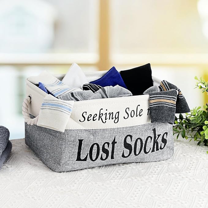 Lost Socks Basket for Laundry Room, Fabric Missing Sock Holder for Single Sock Organization, Collapsible Lost Socks Bin Stockings Container, Farmhouse Laundry Room Decor and Accessories