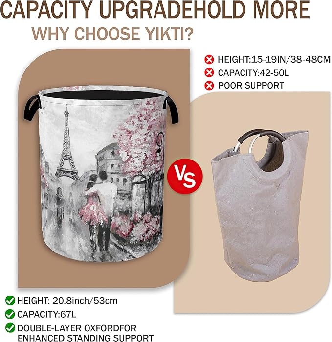 Laundry Hamper,Eiffel Tower Laundry Basket,Pink Flowers Portable Collapsible Laundry Room Organization Storage for Dorm Room,Nursery,Bathroom,Bedroom,16x20 Inch