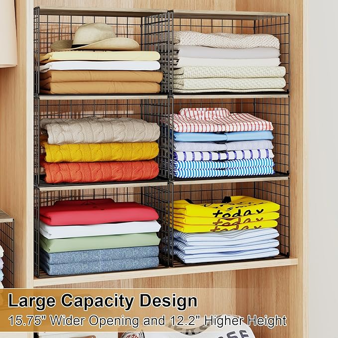 6 Pack Closet Organizers And Storage, Stackable Closet Shelf Organizer Storage Bin Basket For Clothes Sweaters With Top Board, Widened Opening, Heightened Height, Large Capacity, Sturdy, Space-saver