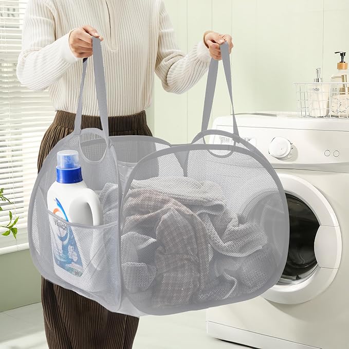 TECHMILLY Collapsible Mesh Pop Up Laundry Hamper with Strong Handles, Large Opening Clothes Hamper with Side Pockets, Storage Baskets for Dorm, Laundry Room, Bathroom or Travel (Grey, 90L, 2Pack)