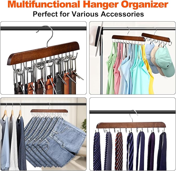 2 Pack Bra Hanger, Wooden Tank Top Hangers with 14 Foldable Hooks, Bra Hanger for Closet Organizer，Premium Wooden Space Saving Hangers Closet Organizers and Storage for Dorm & Apartment (Brown)