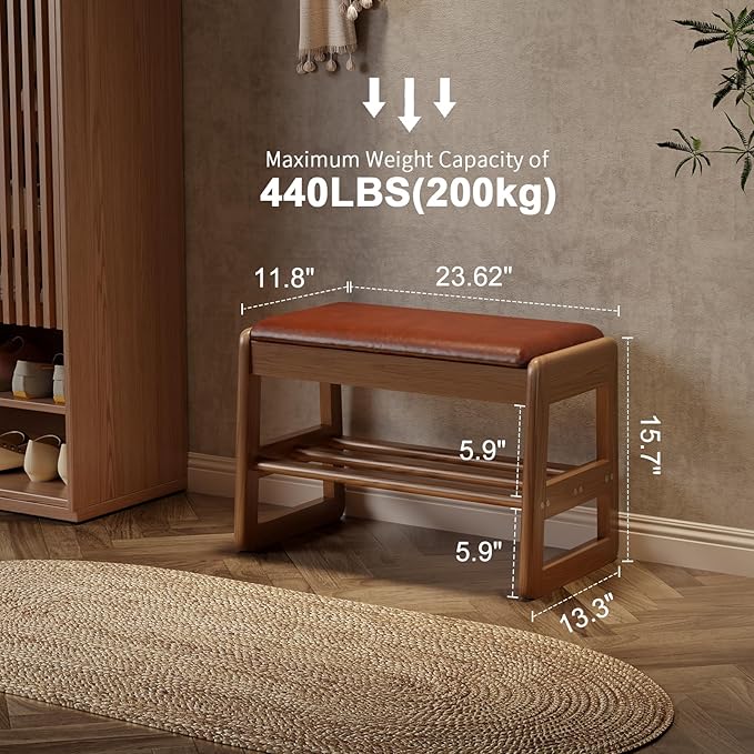 AQIMUELE Small Shoe Rack Bench,2 Tiers Shoe Bench with Storage with Flip-Top,Wood Shoe Rack for Entryway,Hallway（Orange Upholstered Seat）