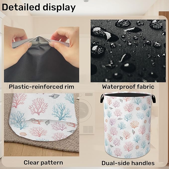 Starfish Coral Foldable Laundry Hamper - Waterproof Fabric Storage Basket with Handles, Clothes Hampers for Laundry,Bedroom,Dorm