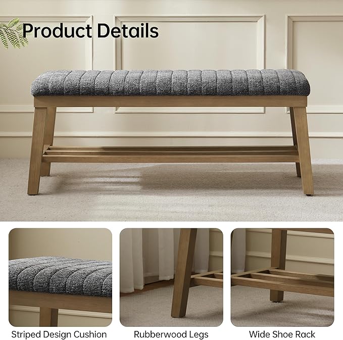 VKNOW Entryway Bench, 44.4" Upholstered Storage Shoe Bench for Entryway & Bedroom, Shoe Rack Bench with Rubberwood Legs, Modern End of Bed Bench for Living Room and Hallway, Black